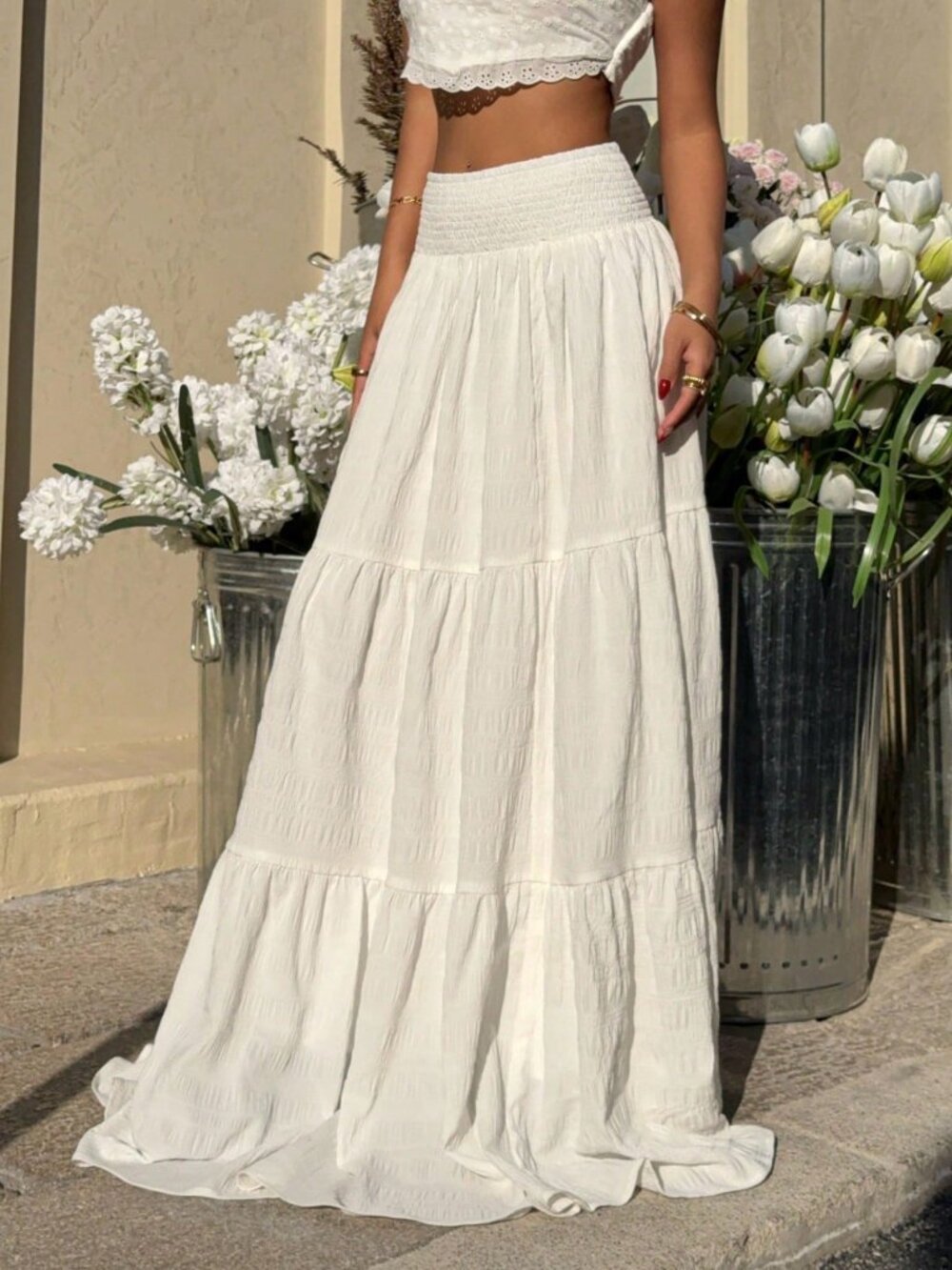 White Casual Women's Shirred Waist Ruffled Hem Skirt - Picture 5 of 6